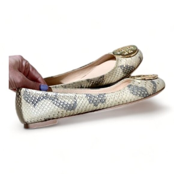 Tory Burch Gold/Beige Python Embossed Leather Reva Ballet Flats Size 7 - Picture 6 of 7